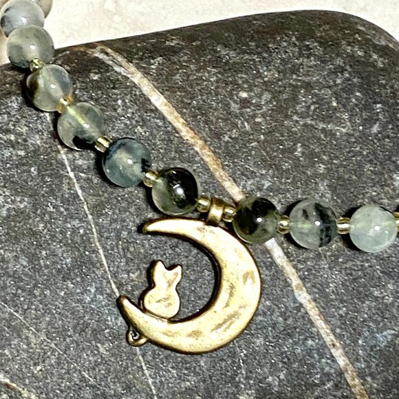 Genuine Prehnite Bronze Cat on the Moon Necklace, Gemstone Beaded Necklace - Picture 5 of 11